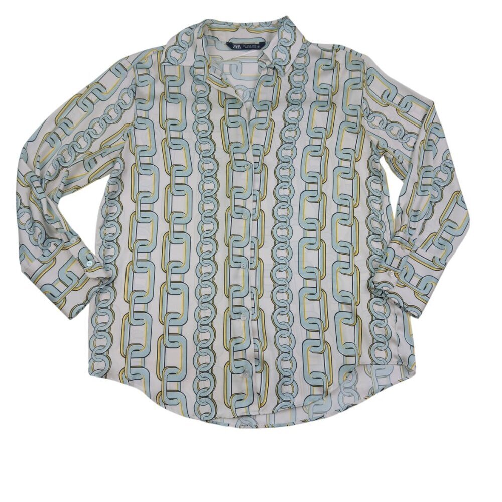 Zara All Over Chain Print Flowy Lightweight V-Neck Button Down Women's Size S